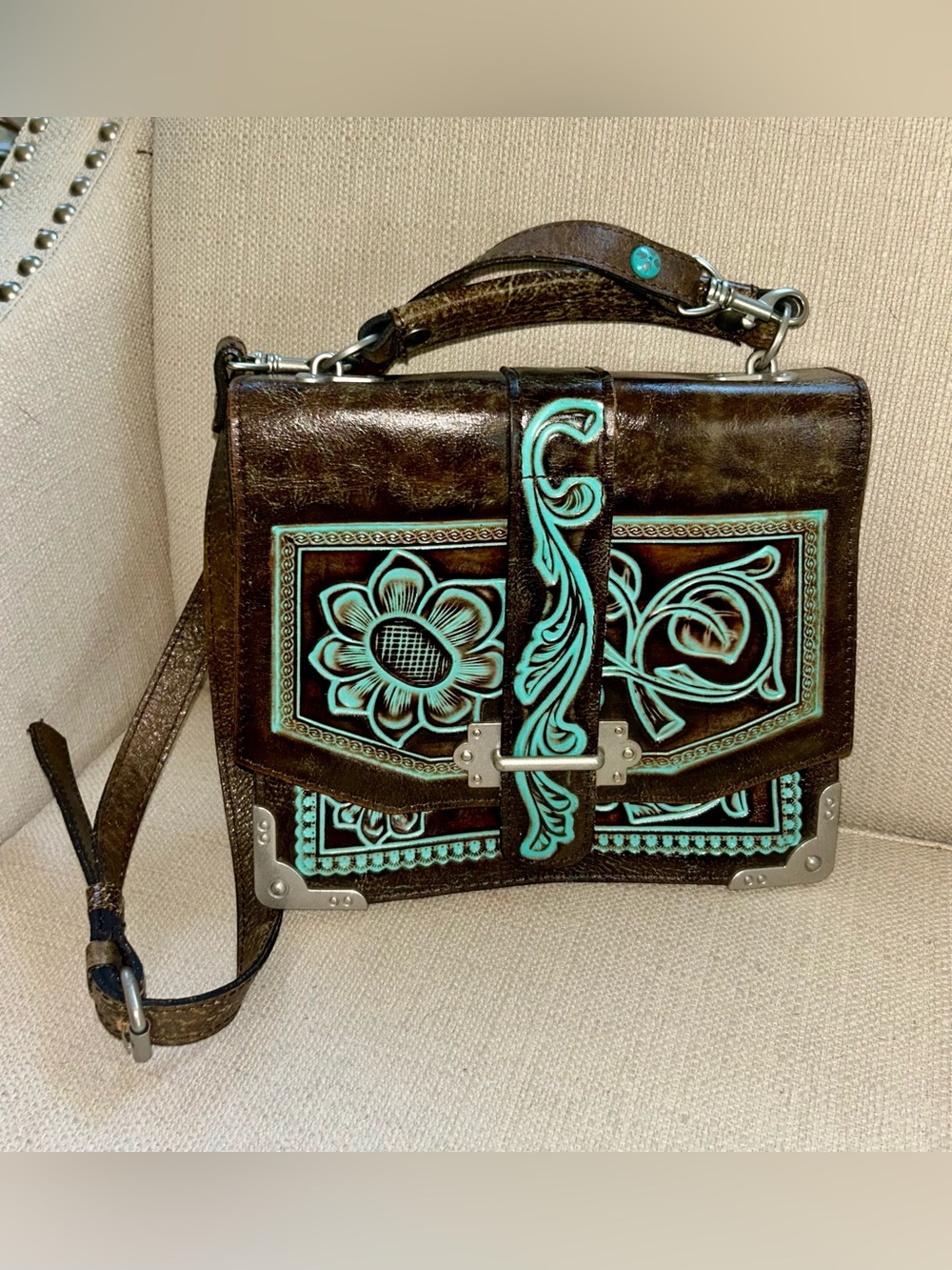 NWOT PATRICIA NASH 100% BROW DISTRESSED LEATHER EMBOSSED SOUTHWEST PURSE HANDBAG